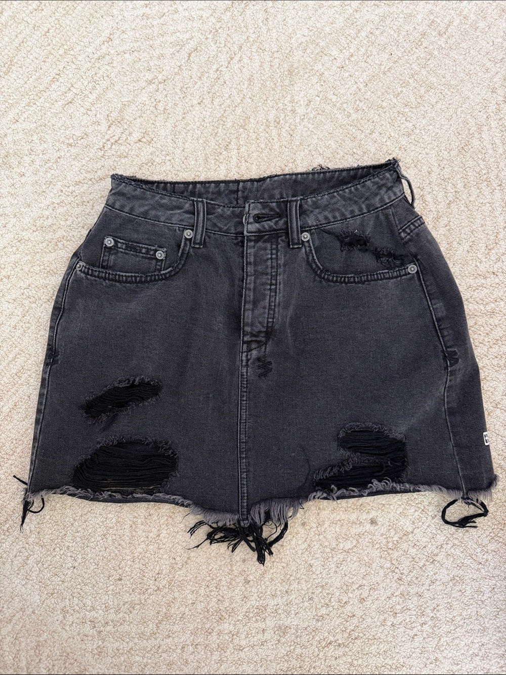 Ksubi Black Distressed Denim Mini Skirt with Raw Hem